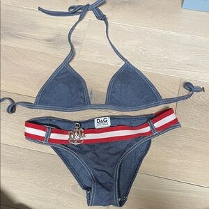 Dolce & Gabbana vintage Blue Denim soft Triangle Bikini with Red & White Stripe